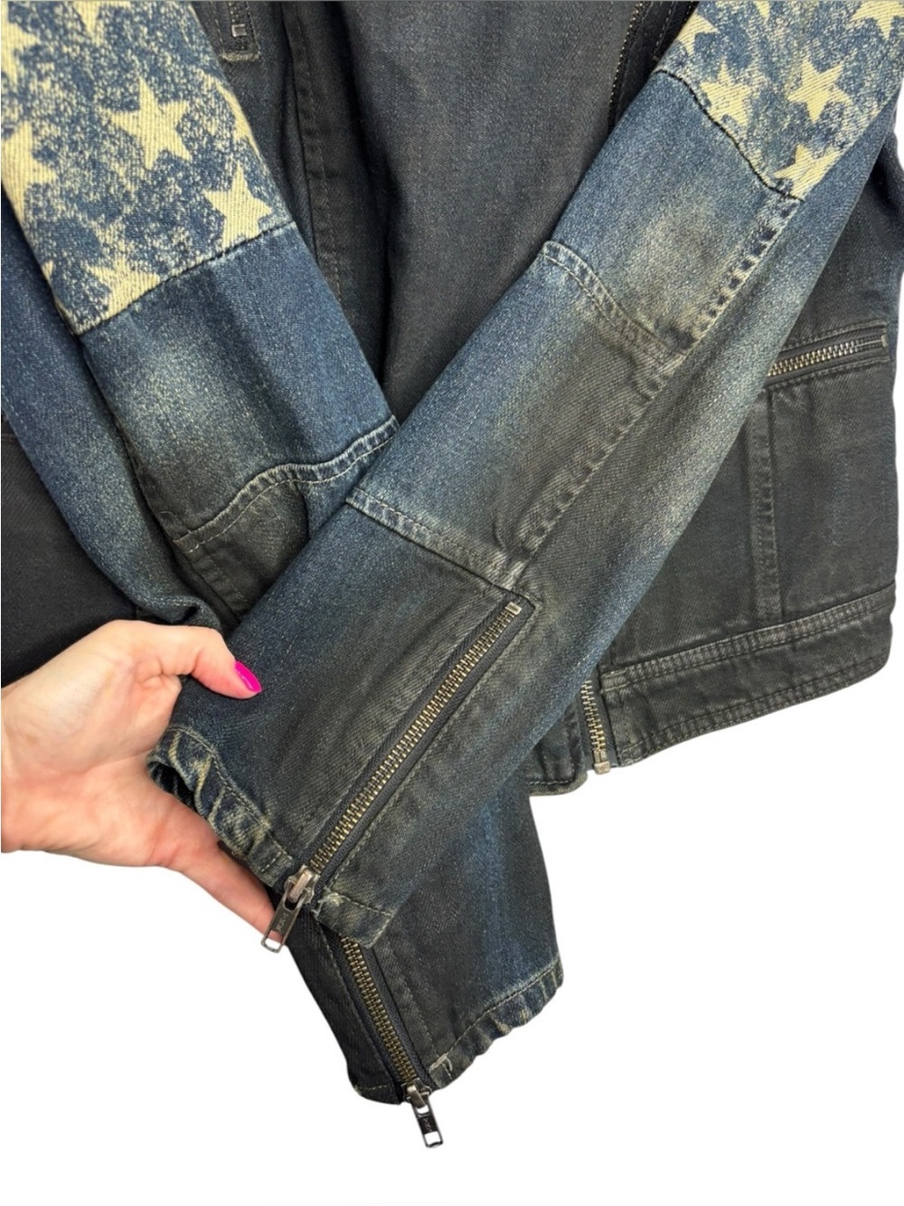 We The Free - Free People Denim Moto Jacket with Star Stripe Sleeves - Picture 6 of 10